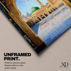 Artwork of Masjid Al Nabawi in Medina seen through an ornate stone arch with intricate Islamic patterns, featuring the iconic green dome, tall minaret, and the mosque’s peaceful courtyard beneath a bright blue sky with birds in flight.