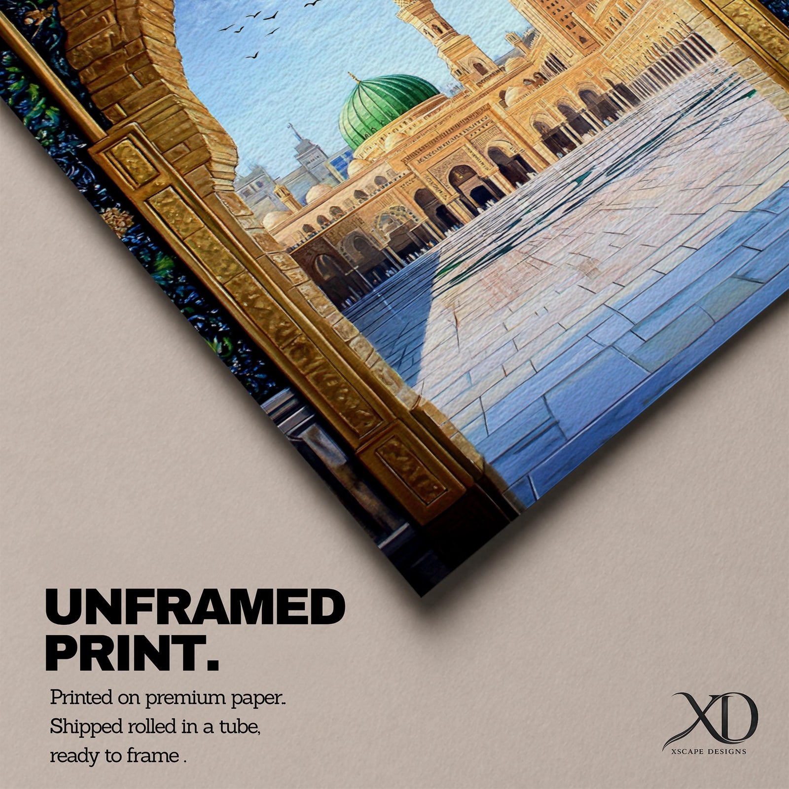 Artwork of Masjid Al Nabawi in Medina seen through an ornate stone arch with intricate Islamic patterns, featuring the iconic green dome, tall minaret, and the mosque’s peaceful courtyard beneath a bright blue sky with birds in flight.