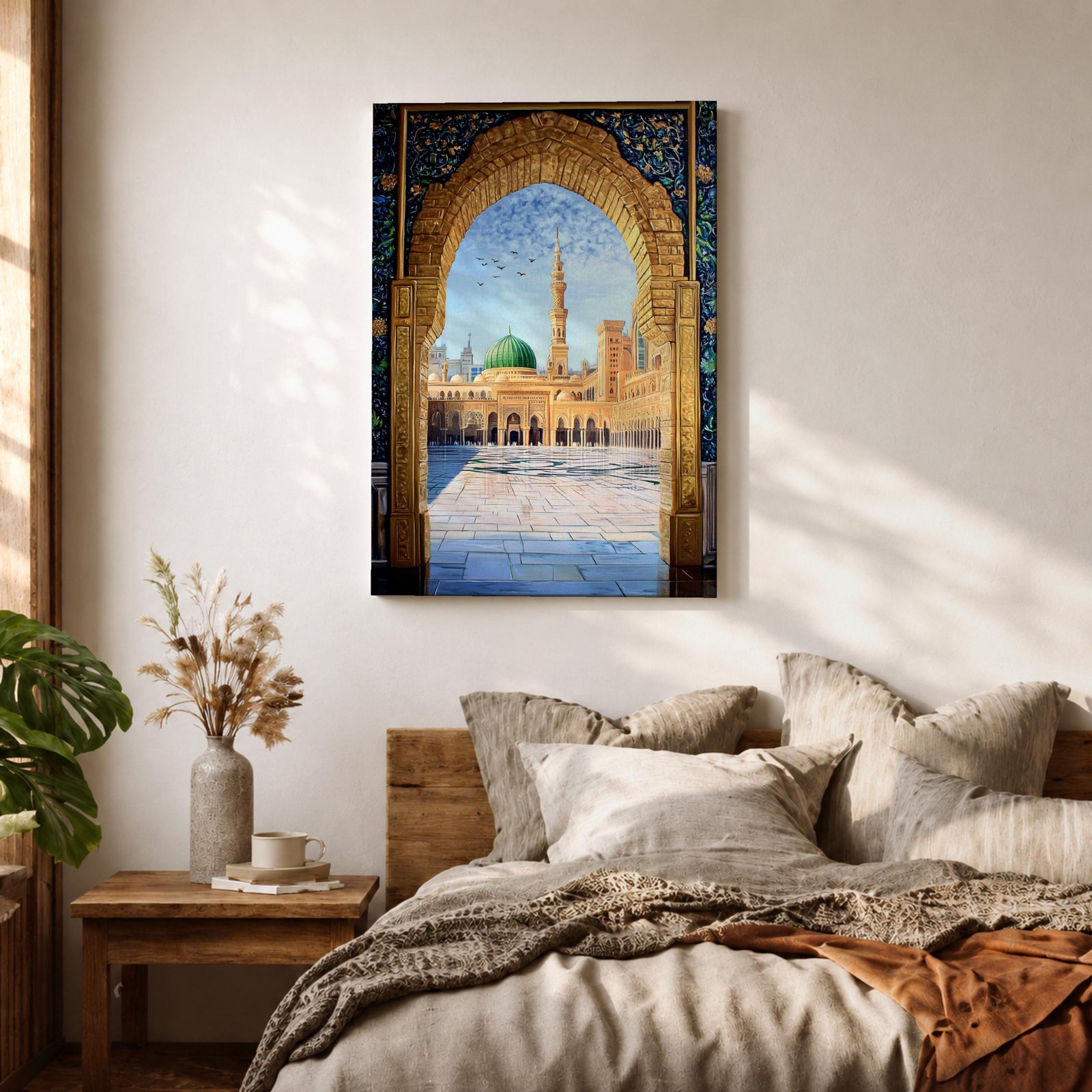 Artwork of Masjid Al Nabawi in Medina seen through an ornate stone arch with intricate Islamic patterns, featuring the iconic green dome, tall minaret, and the mosque’s peaceful courtyard beneath a bright blue sky with birds in flight.