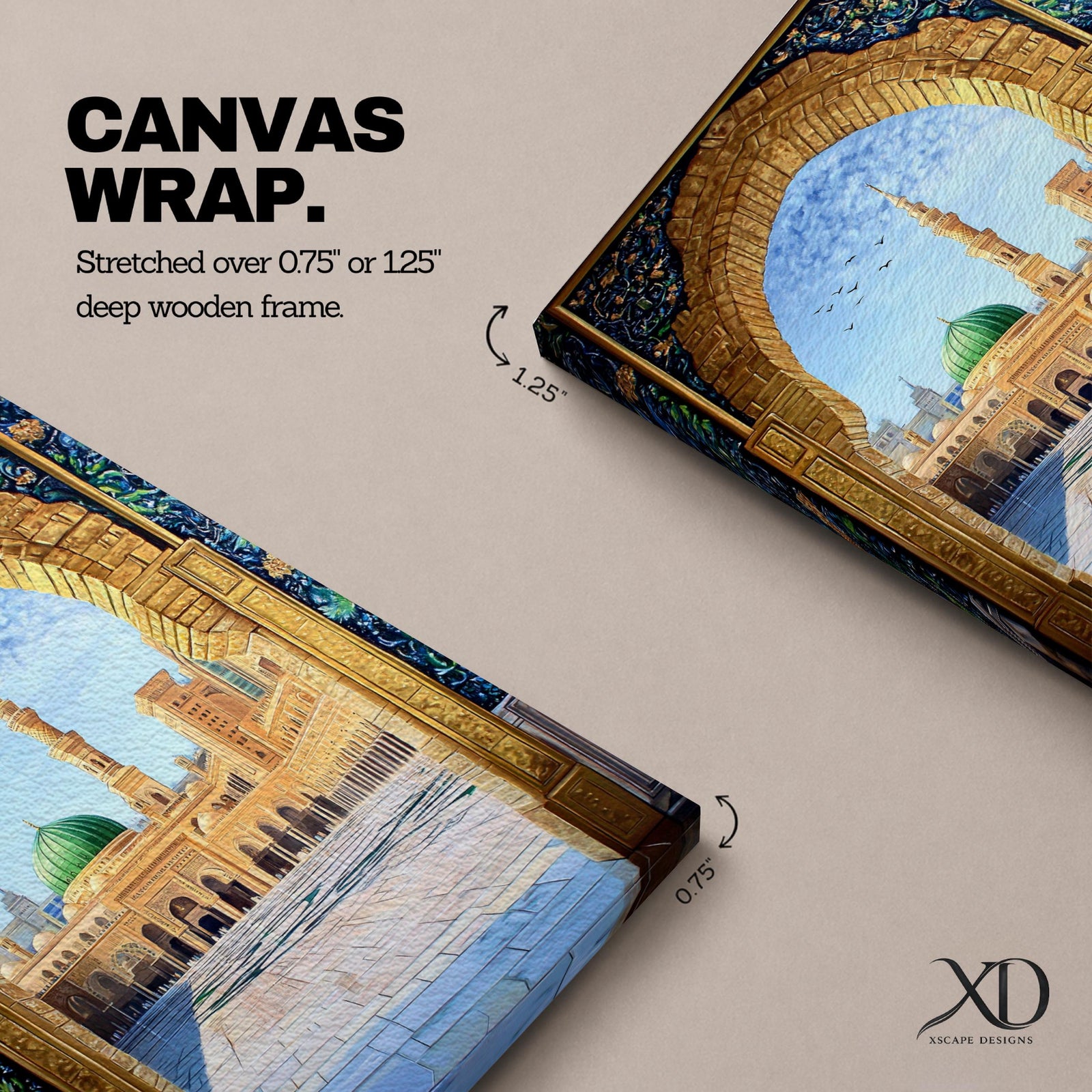 Artwork of Masjid Al Nabawi in Medina seen through an ornate stone arch with intricate Islamic patterns, featuring the iconic green dome, tall minaret, and the mosque’s peaceful courtyard beneath a bright blue sky with birds in flight.