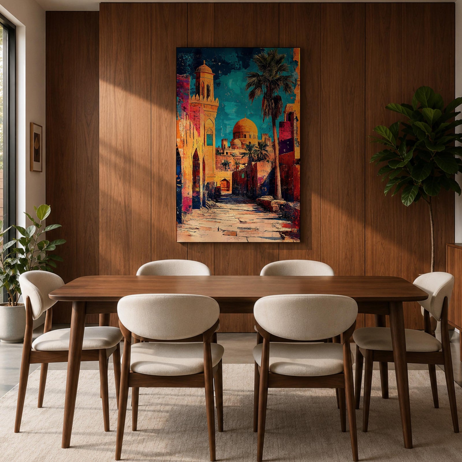 Textured painting of a golden dome mosque rising above an old city street lined with historic stone buildings, palm trees, and warm sunset colors under a vivid blue sky.