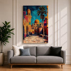 Textured painting of a golden dome mosque rising above an old city street lined with historic stone buildings, palm trees, and warm sunset colors under a vivid blue sky.