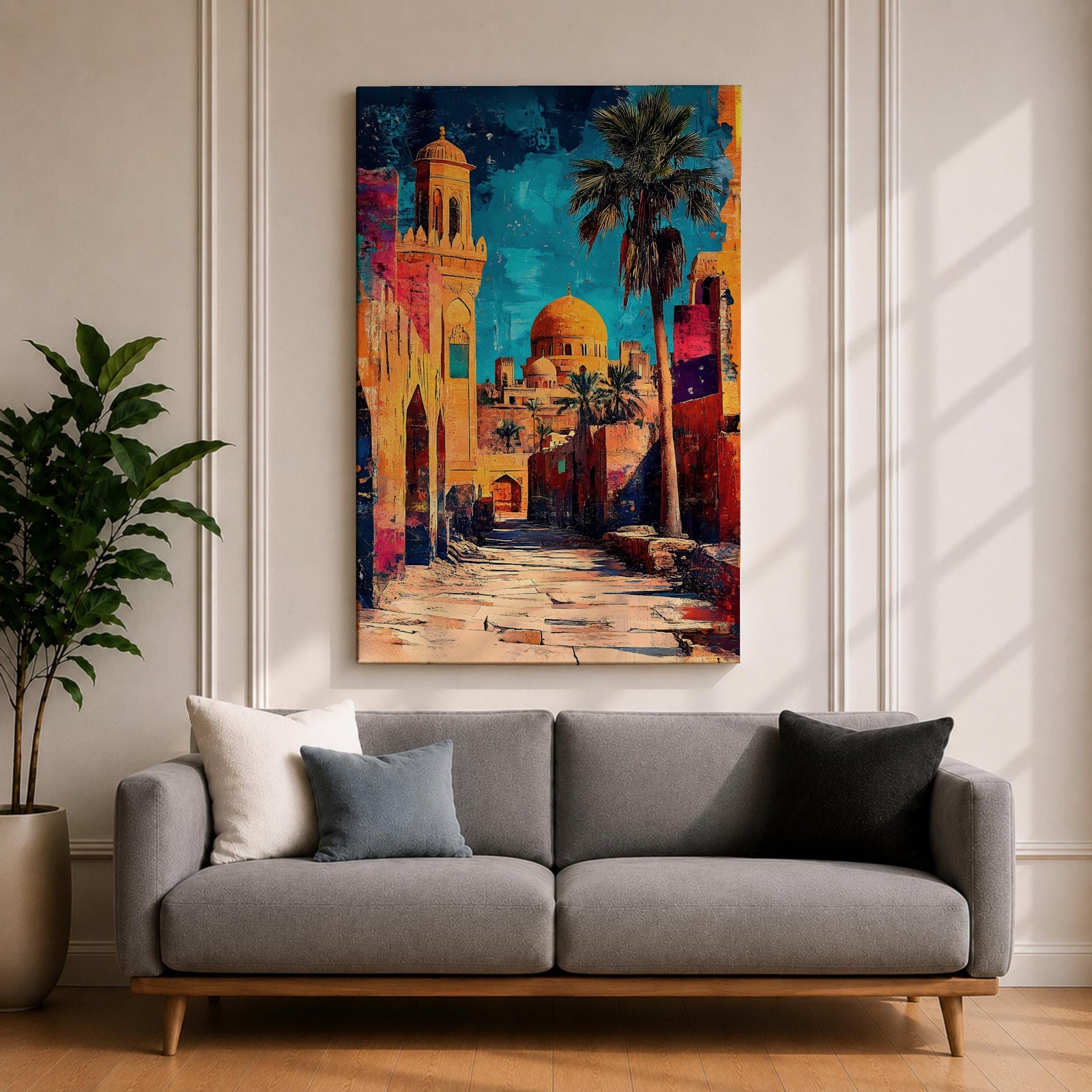 Textured painting of a golden dome mosque rising above an old city street lined with historic stone buildings, palm trees, and warm sunset colors under a vivid blue sky.