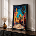 Textured painting of a golden dome mosque rising above an old city street lined with historic stone buildings, palm trees, and warm sunset colors under a vivid blue sky.