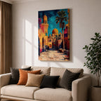 Textured painting of a golden dome mosque rising above an old city street lined with historic stone buildings, palm trees, and warm sunset colors under a vivid blue sky.