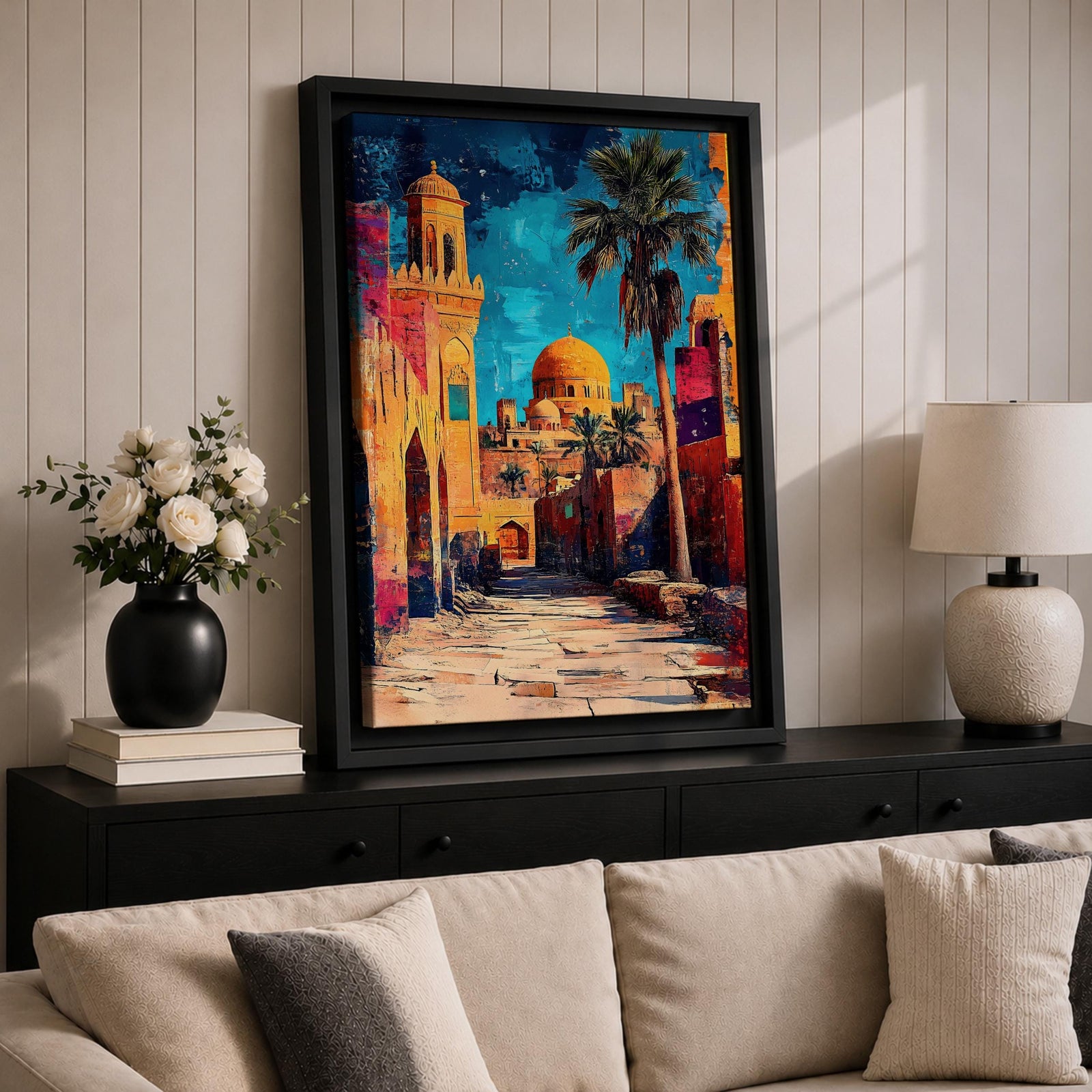Textured painting of a golden dome mosque rising above an old city street lined with historic stone buildings, palm trees, and warm sunset colors under a vivid blue sky.