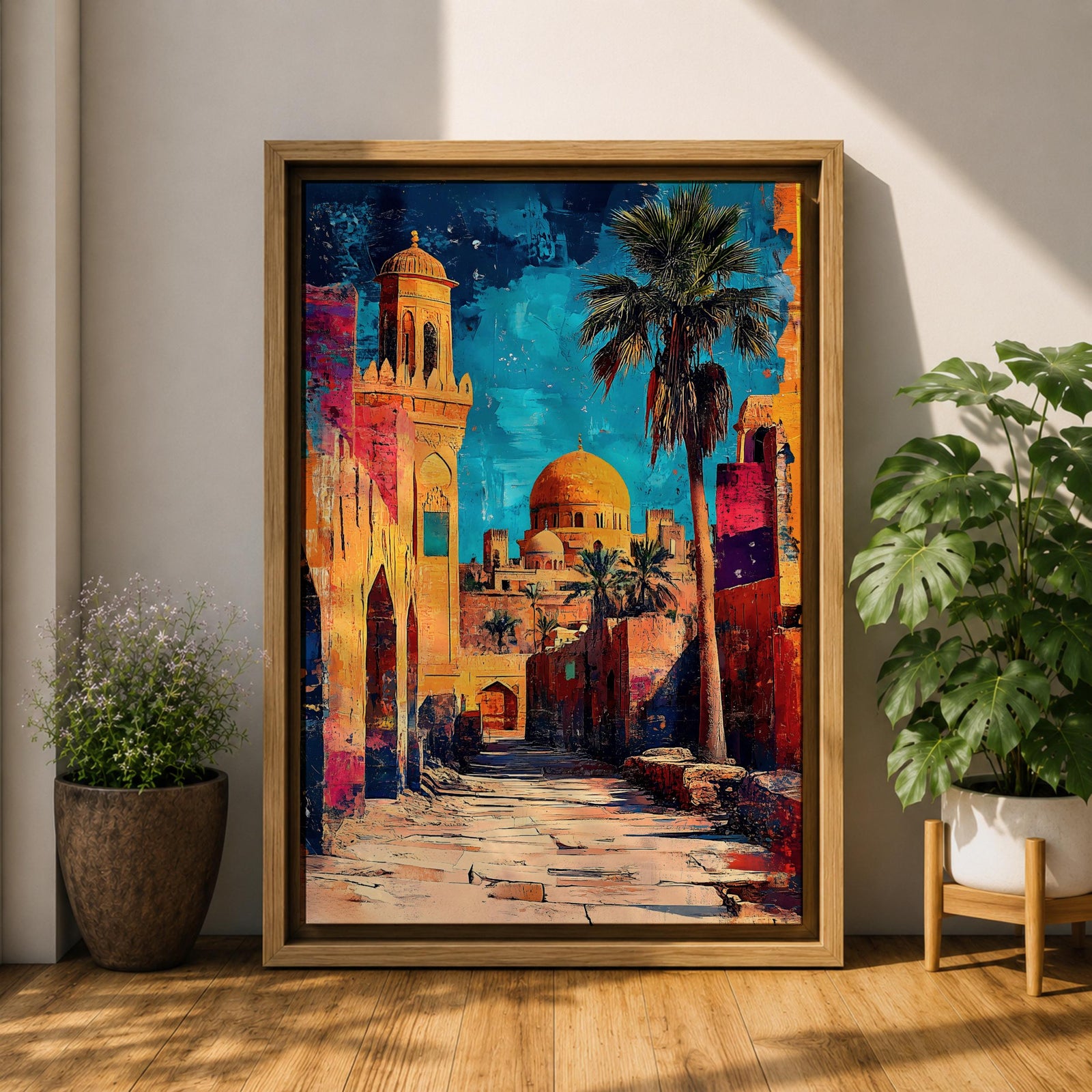 Textured painting of a golden dome mosque rising above an old city street lined with historic stone buildings, palm trees, and warm sunset colors under a vivid blue sky.