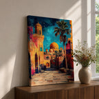 Textured painting of a golden dome mosque rising above an old city street lined with historic stone buildings, palm trees, and warm sunset colors under a vivid blue sky.