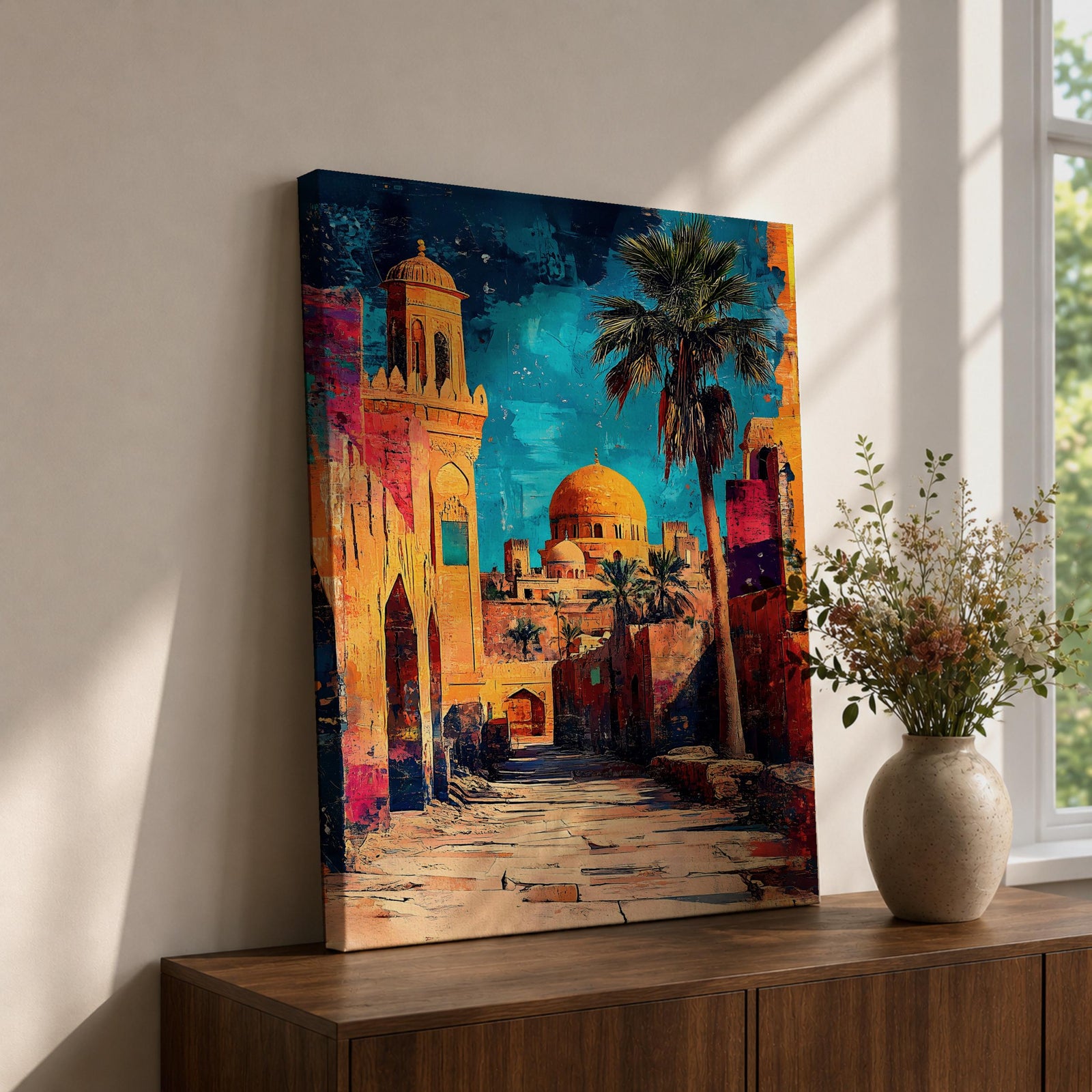 Textured painting of a golden dome mosque rising above an old city street lined with historic stone buildings, palm trees, and warm sunset colors under a vivid blue sky.