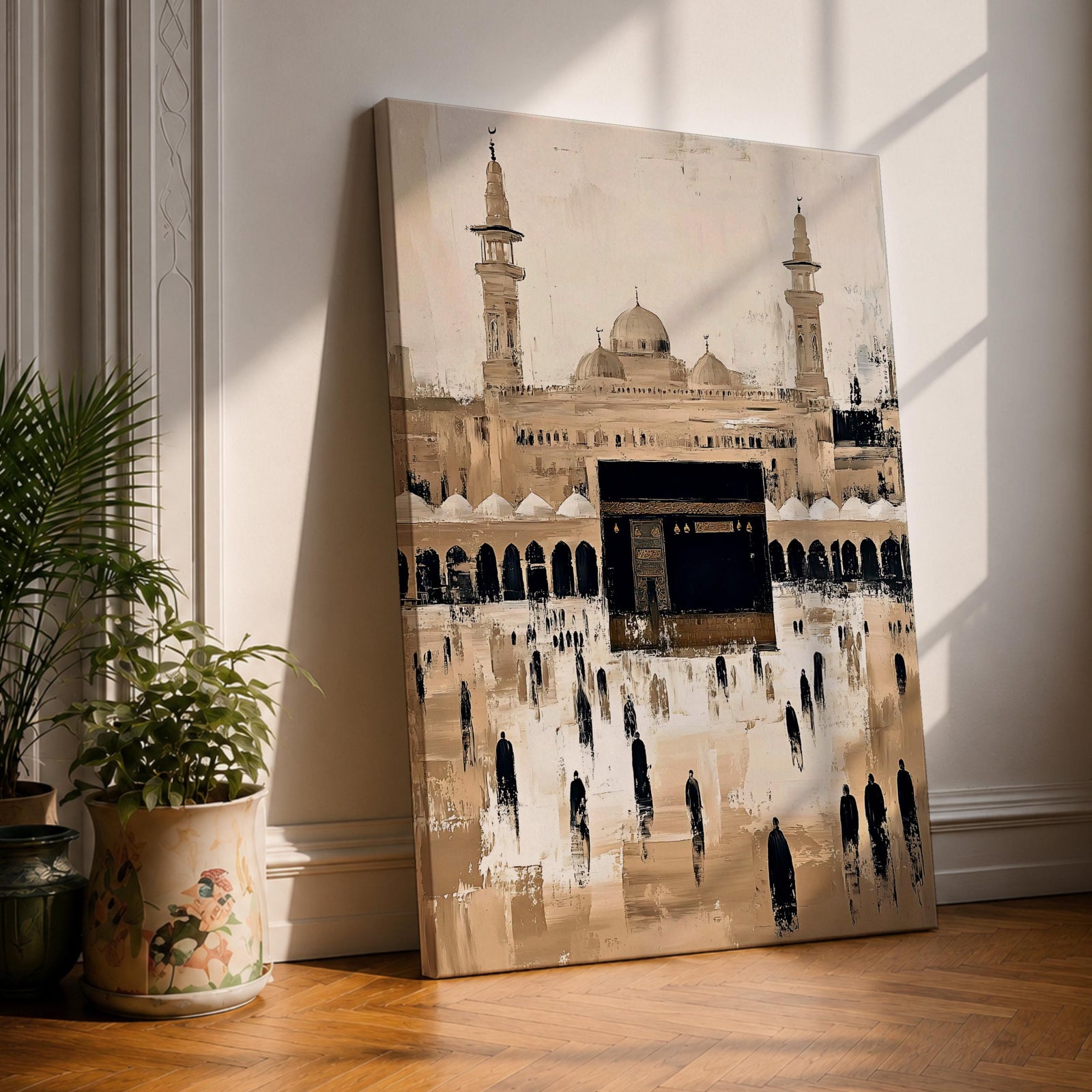 Beige vintage-style painting of the Kaaba at Masjid al-Haram with pilgrims gathered in the courtyard and mosque domes and minarets rising behind the sacred site in Mecca.