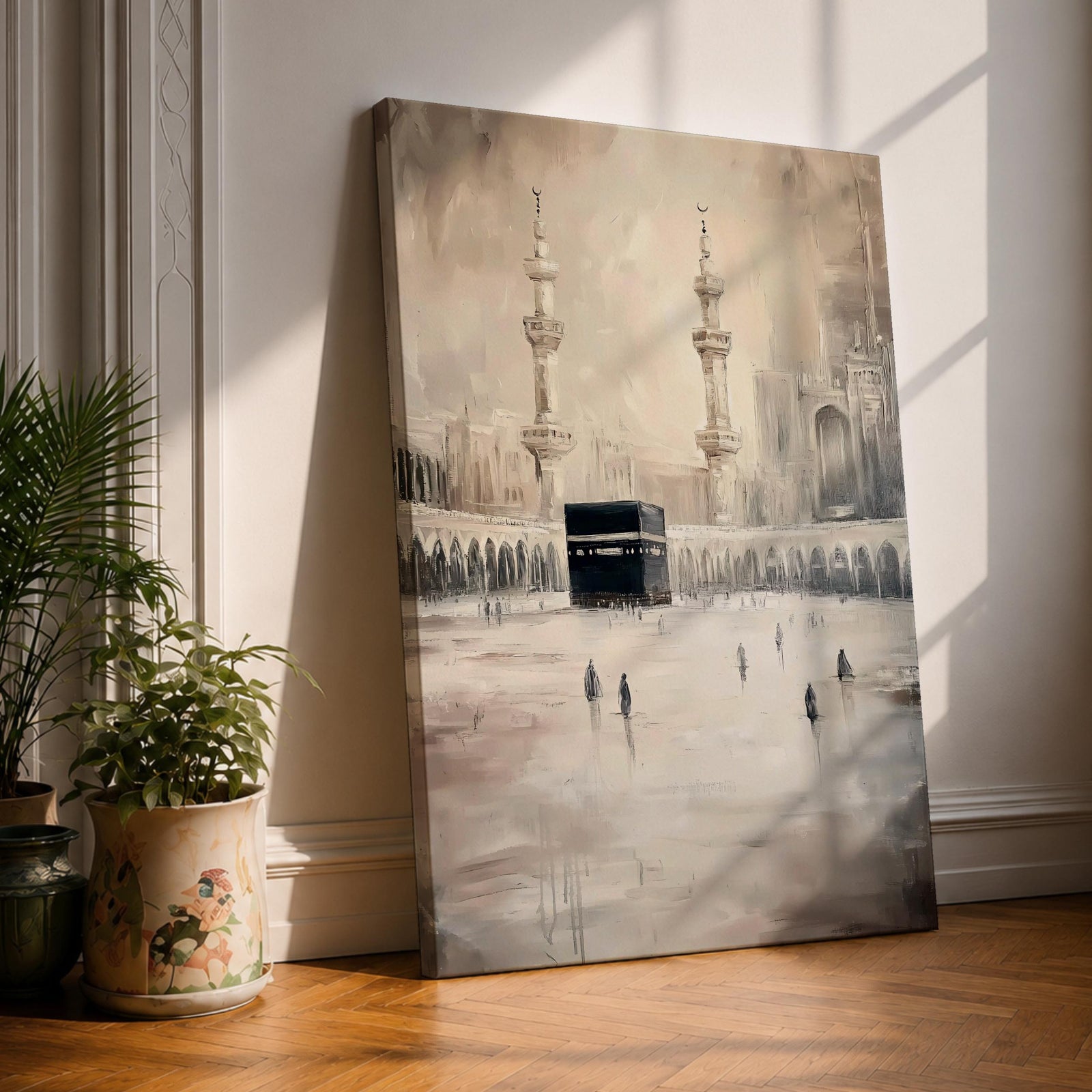Soft neutral-toned vintage painting of the Kaaba in Masjid al-Haram with tall minarets and pilgrims in the courtyard creating a calm atmospheric Mecca scene.