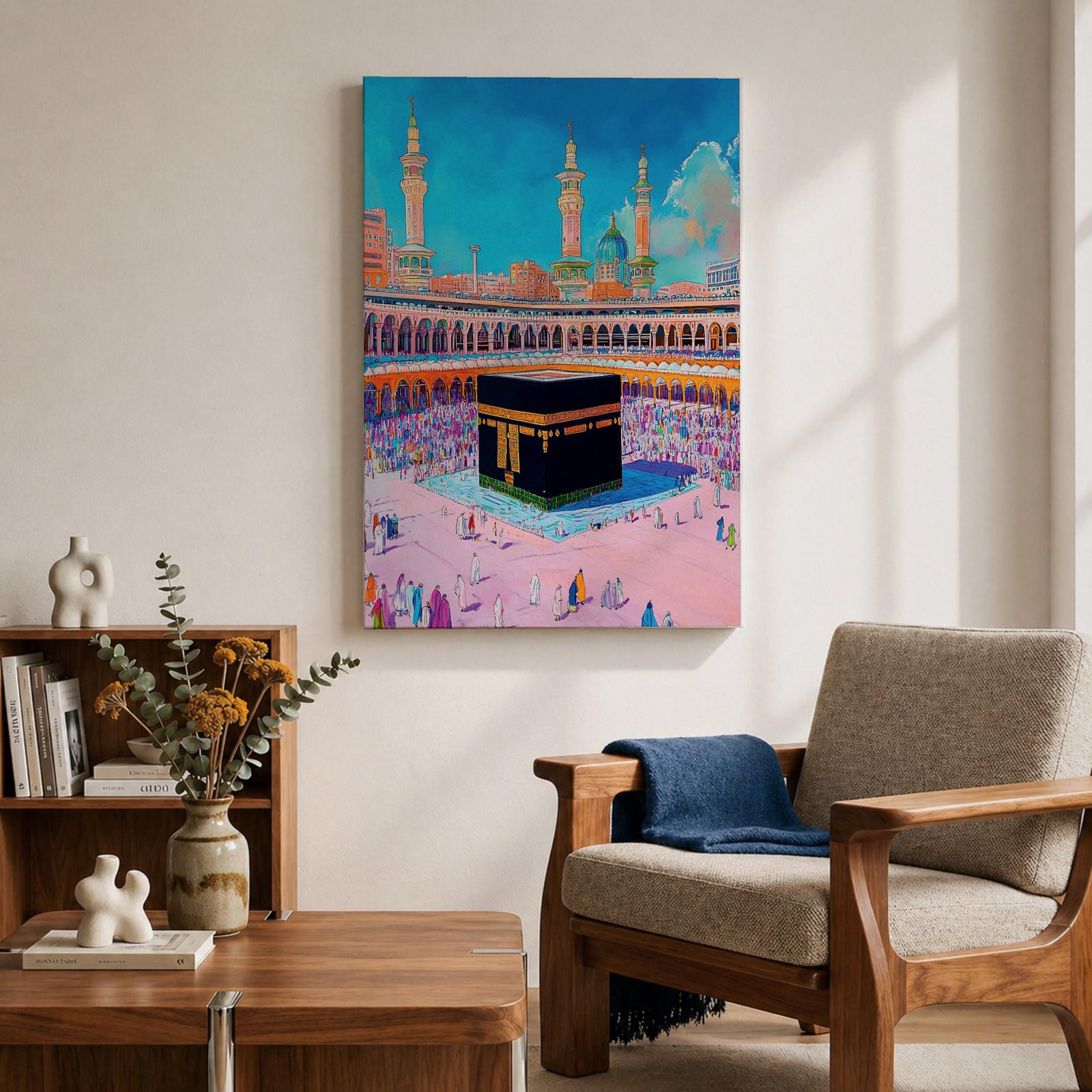 Colorful illustration of the Kaaba at Masjid al-Haram surrounded by pilgrims performing tawaf in the Grand Mosque courtyard, with tall minarets rising above the sacred mosque beneath a bright blue sky.