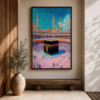 Colorful illustration of the Kaaba at Masjid al-Haram surrounded by pilgrims performing tawaf in the Grand Mosque courtyard, with tall minarets rising above the sacred mosque beneath a bright blue sky.