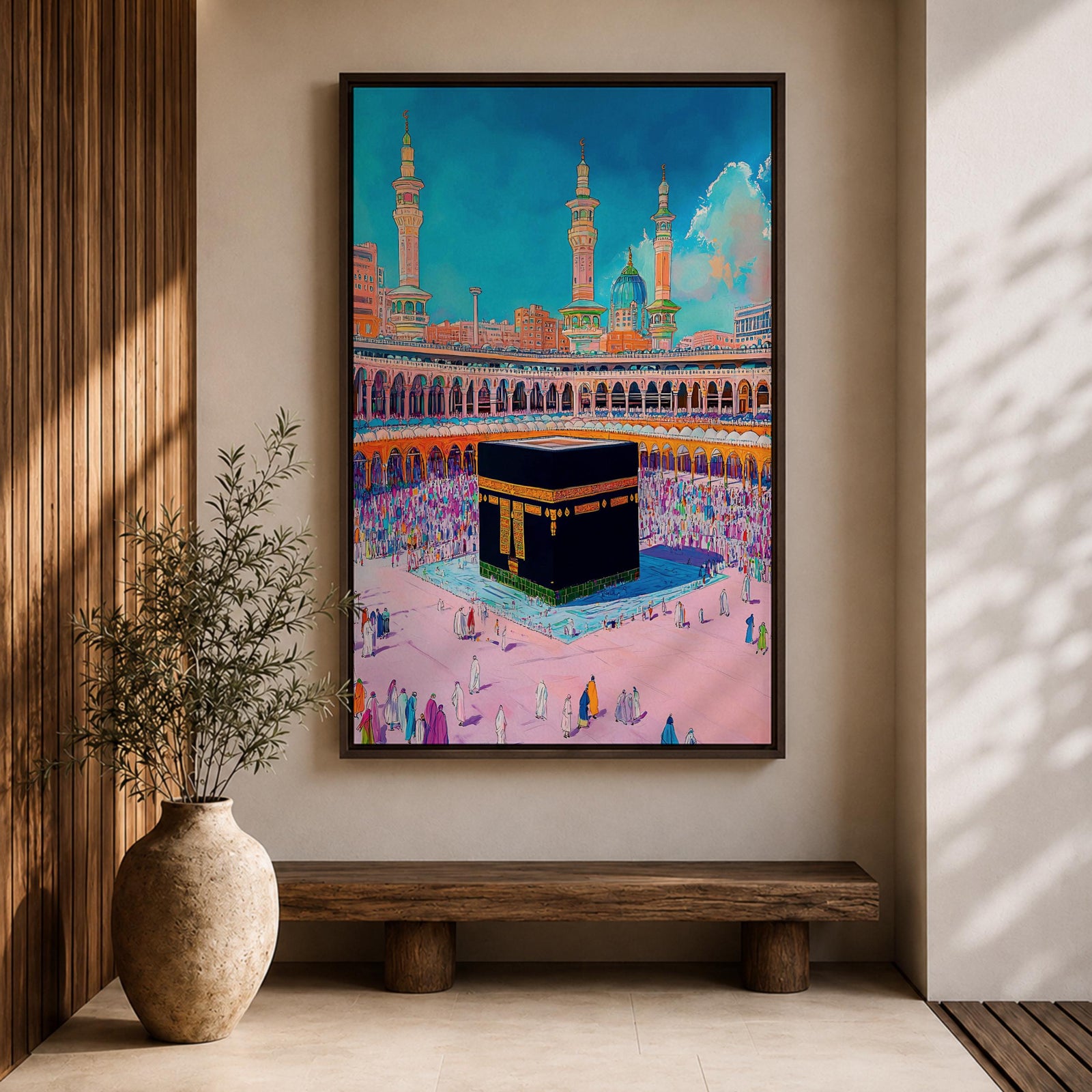 Colorful illustration of the Kaaba at Masjid al-Haram surrounded by pilgrims performing tawaf in the Grand Mosque courtyard, with tall minarets rising above the sacred mosque beneath a bright blue sky.