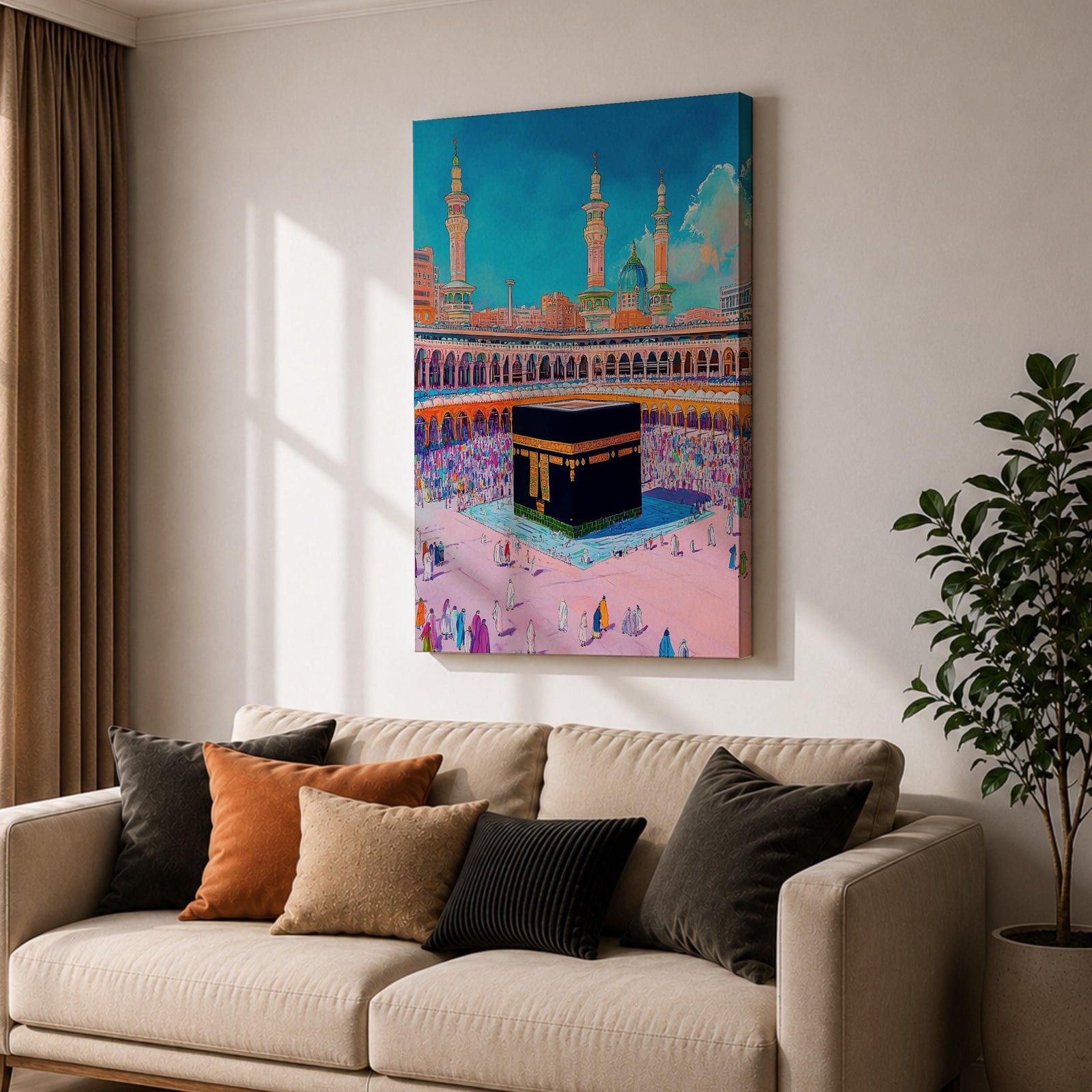 Colorful illustration of the Kaaba at Masjid al-Haram surrounded by pilgrims performing tawaf in the Grand Mosque courtyard, with tall minarets rising above the sacred mosque beneath a bright blue sky.