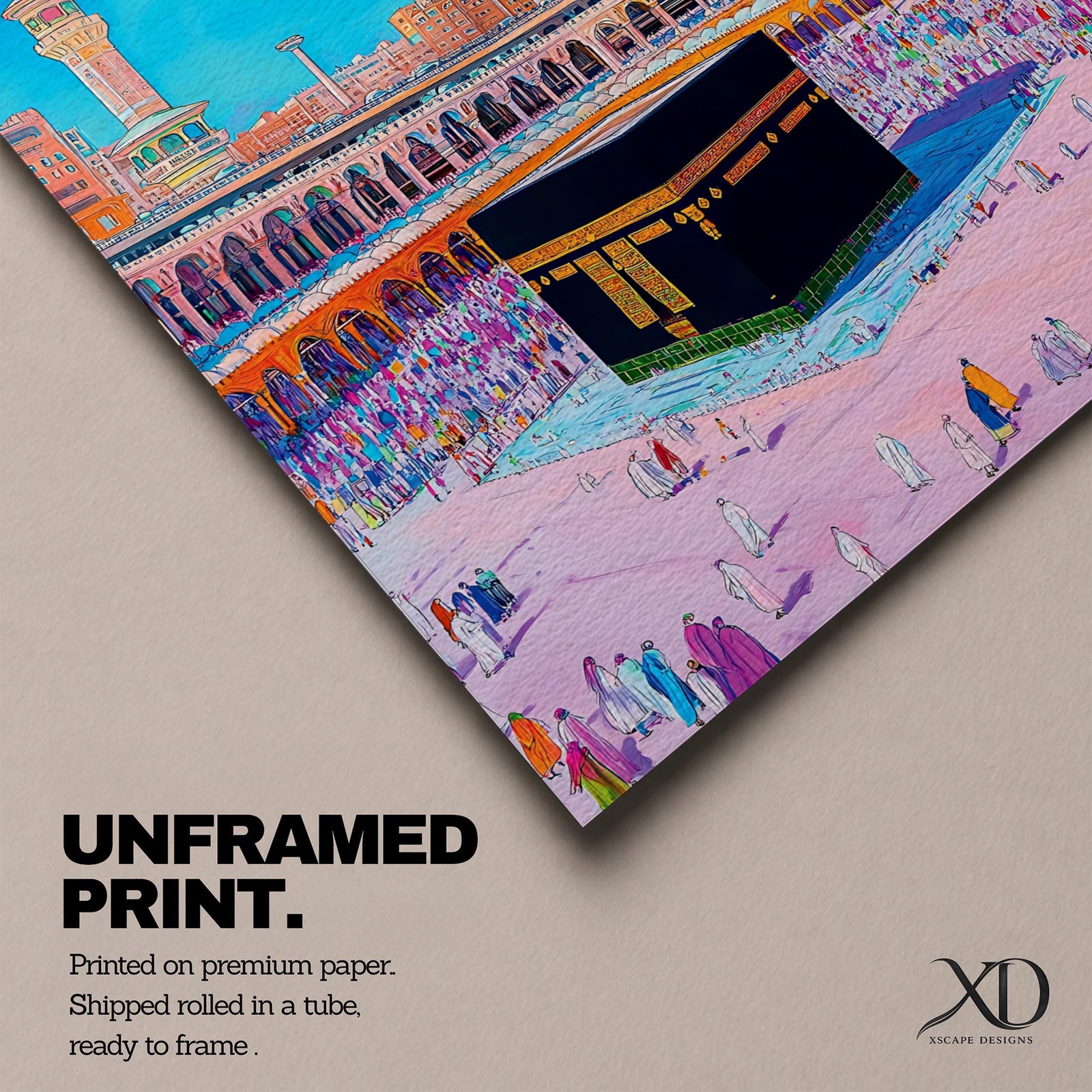 Colorful illustration of the Kaaba at Masjid al-Haram surrounded by pilgrims performing tawaf in the Grand Mosque courtyard, with tall minarets rising above the sacred mosque beneath a bright blue sky.