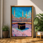 Colorful illustration of the Kaaba at Masjid al-Haram surrounded by pilgrims performing tawaf in the Grand Mosque courtyard, with tall minarets rising above the sacred mosque beneath a bright blue sky.