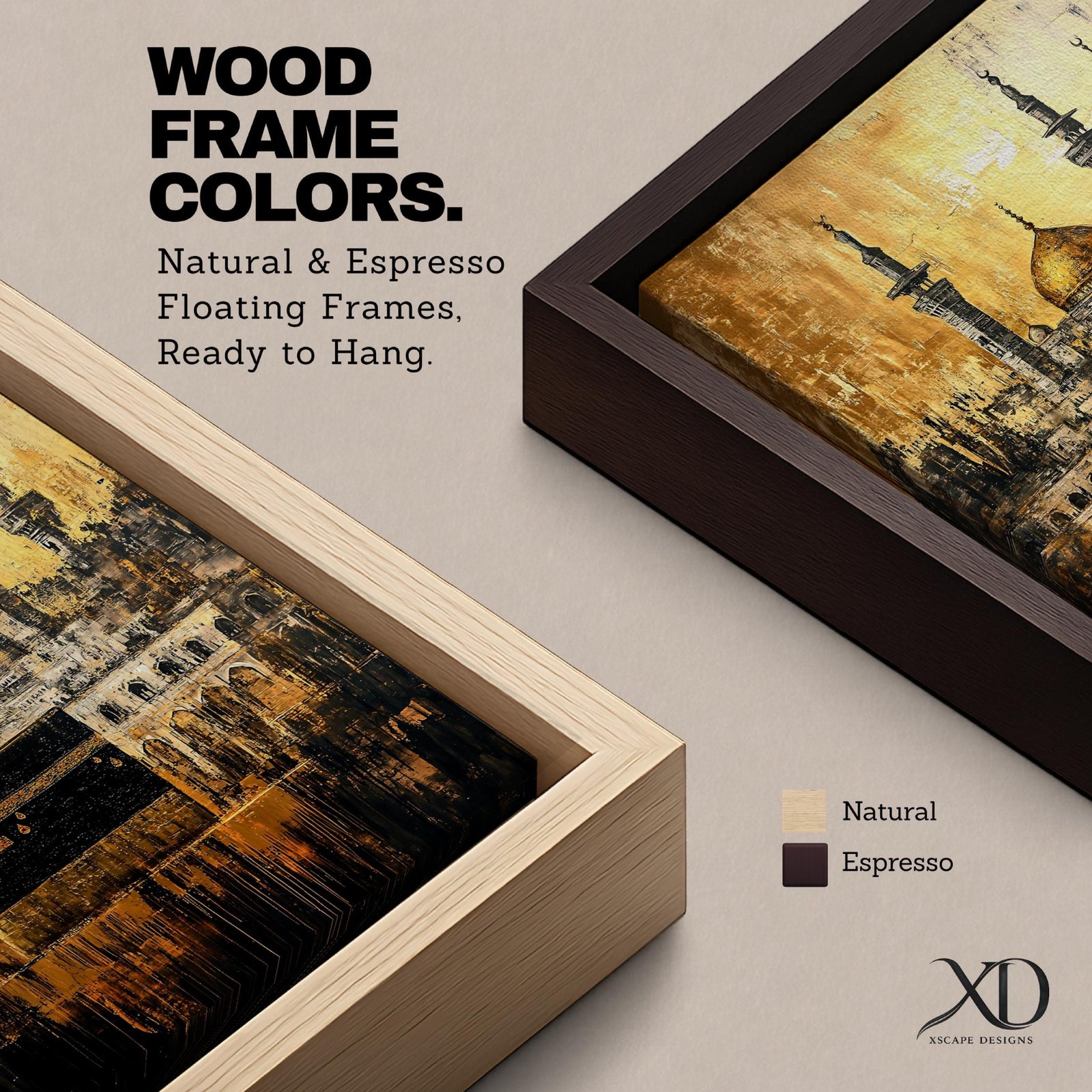 Vintage-style gold textured artwork of the Kaaba at Masjid al-Haram with tall minarets rising above the Mecca skyline in a dramatic Islamic architectural scene.