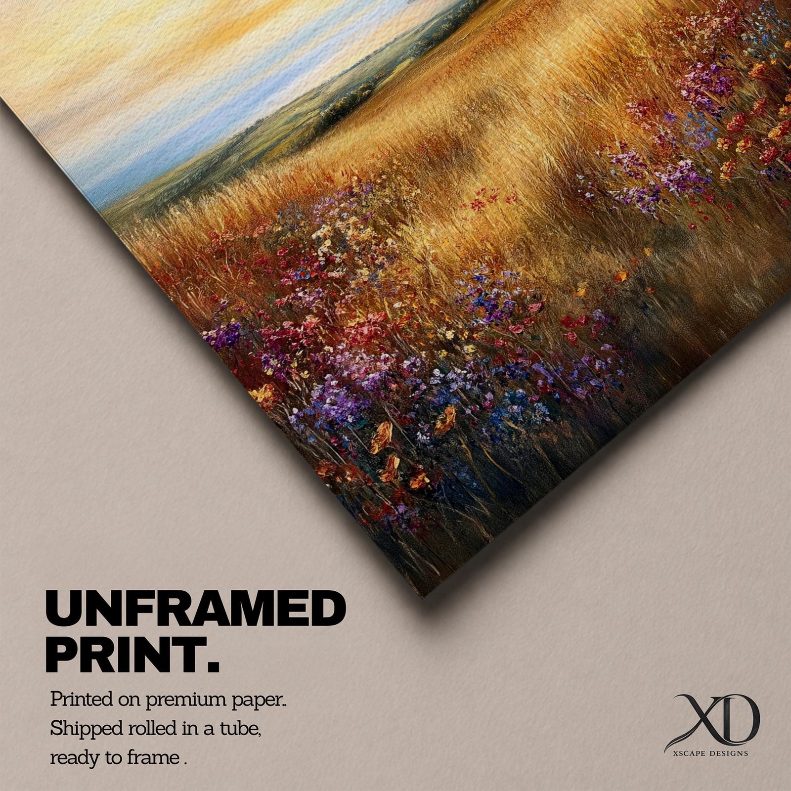A framed canvas painting depicting a sunset meadow with tall golden grasses and wildflowers leading to a distant horizon under a dramatic sky. The artwork captures a serene rural landscape with warm tones and a cottagecore vibe, rendered in a classic oil painting style.