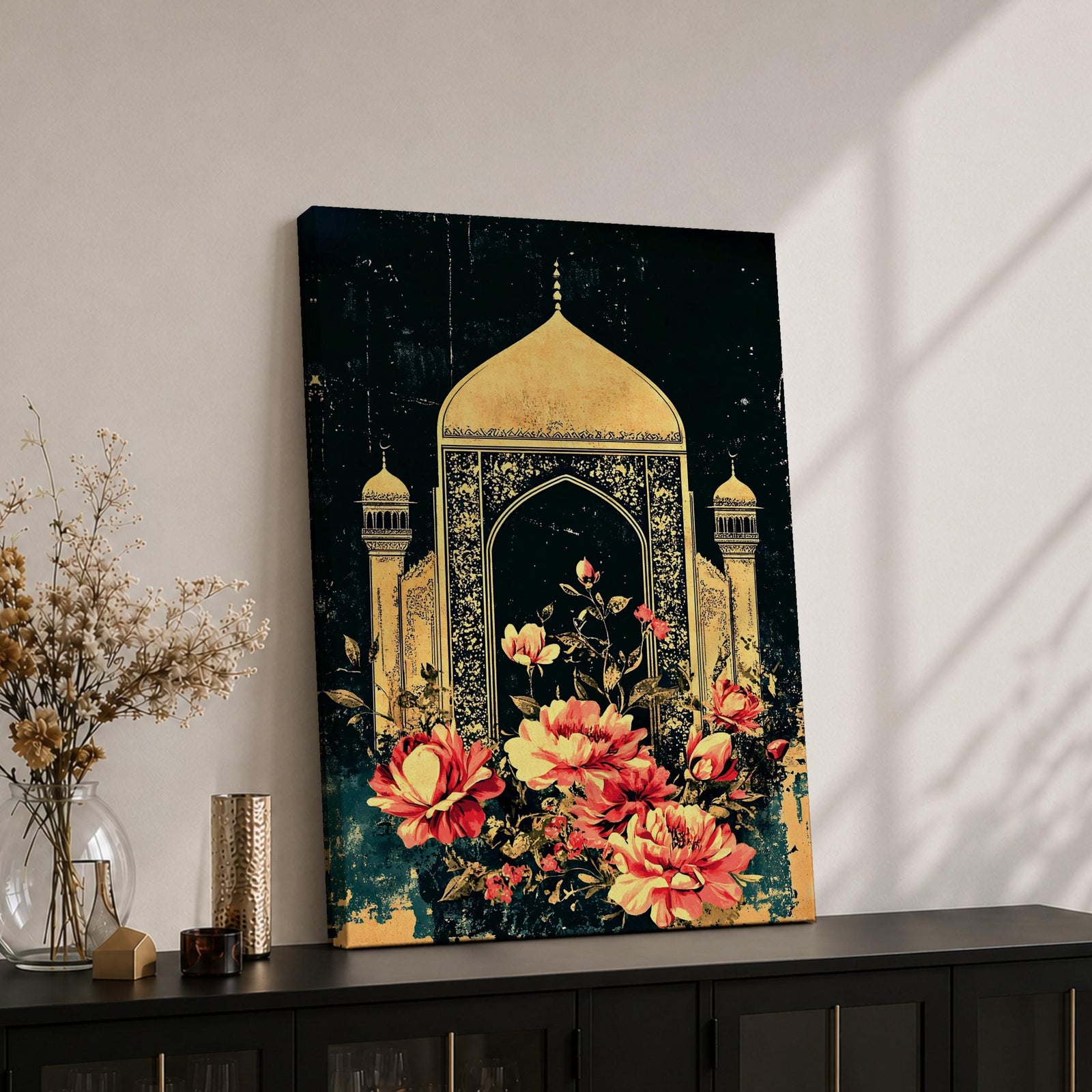 Vintage Persian-inspired artwork of a golden dome mihrab archway with ornate Islamic patterns and blooming flowers against a dark textured background.