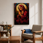 A stained glass style artwork depicting the Virgin Mary in a red robe with hands clasped in prayer, surrounded by a glowing halo and red roses at the bottom. The piece features intricate glass-like segments and rich colors, capturing a classic religious stained glass window aesthetic.