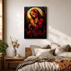 A stained glass style artwork depicting the Virgin Mary in a red robe with hands clasped in prayer, surrounded by a glowing halo and red roses at the bottom. The piece features intricate glass-like segments and rich colors, capturing a classic religious stained glass window aesthetic.