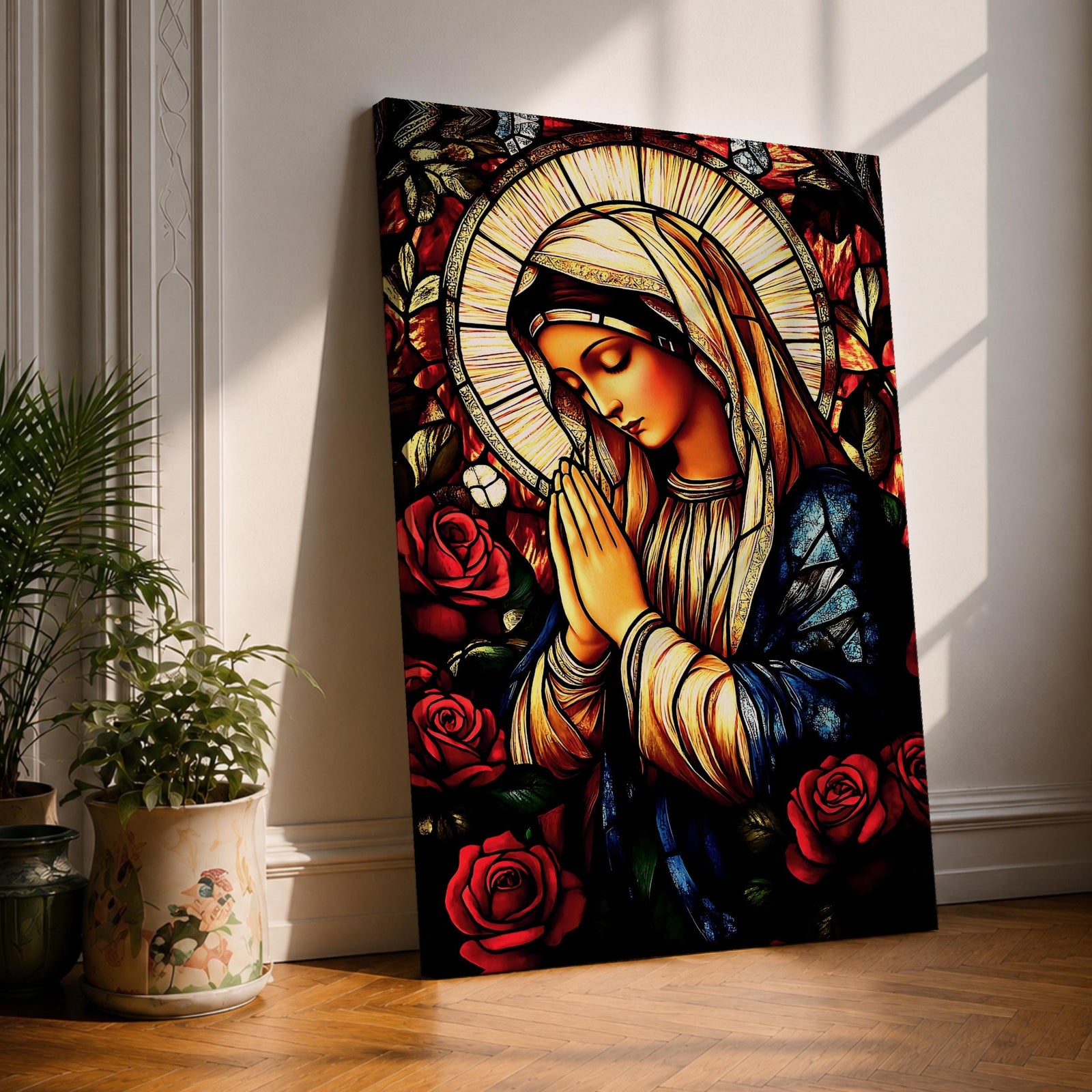 A stained glass style depiction of the Virgin Mary with hands clasped in prayer surrounded by red roses and a radiant halo, rendered in vibrant colors and intricate glass-like textures, evoking a classic religious portrait in a mosaic-inspired visual style.