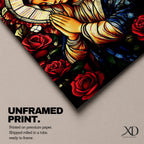 A stained glass style depiction of the Virgin Mary with hands clasped in prayer surrounded by red roses and a radiant halo, rendered in vibrant colors and intricate glass-like textures, evoking a classic religious portrait in a mosaic-inspired visual style.