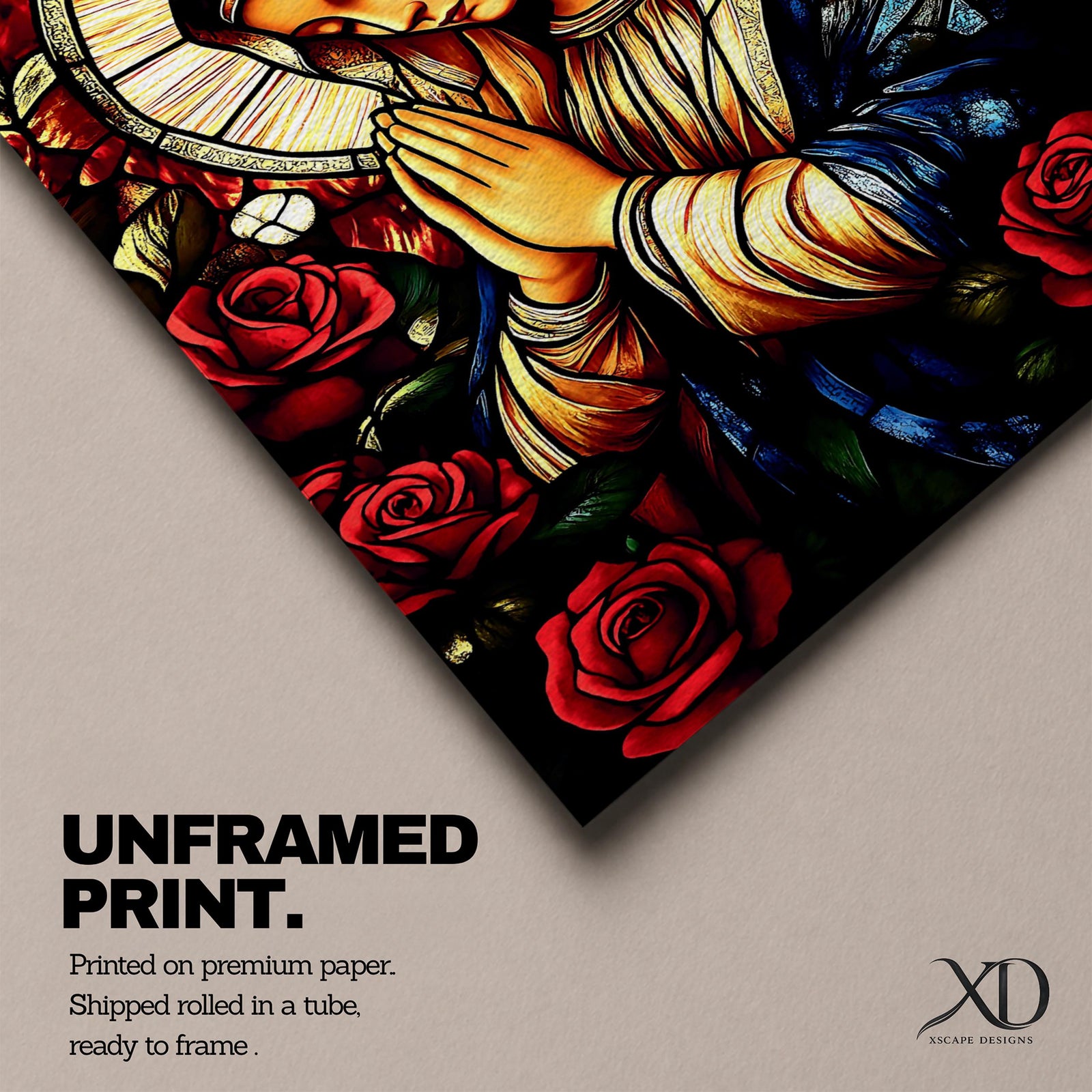 A stained glass style depiction of the Virgin Mary with hands clasped in prayer surrounded by red roses and a radiant halo, rendered in vibrant colors and intricate glass-like textures, evoking a classic religious portrait in a mosaic-inspired visual style.