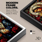 A stained glass style depiction of the Virgin Mary with hands clasped in prayer surrounded by red roses and a radiant halo, rendered in vibrant colors and intricate glass-like textures, evoking a classic religious portrait in a mosaic-inspired visual style.