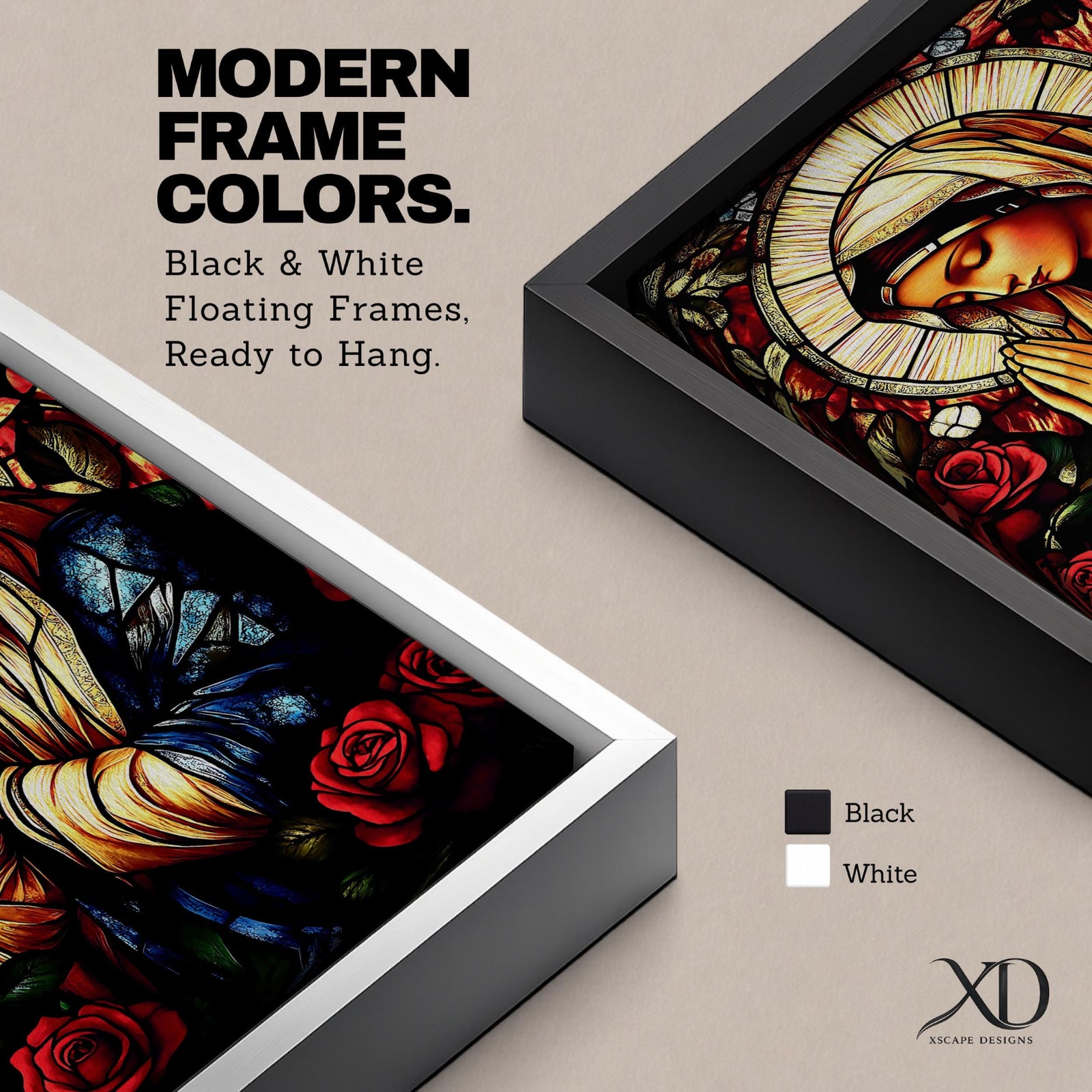 A stained glass style depiction of the Virgin Mary with hands clasped in prayer surrounded by red roses and a radiant halo, rendered in vibrant colors and intricate glass-like textures, evoking a classic religious portrait in a mosaic-inspired visual style.