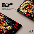 A stained glass style depiction of the Virgin Mary with hands clasped in prayer surrounded by red roses and a radiant halo, rendered in vibrant colors and intricate glass-like textures, evoking a classic religious portrait in a mosaic-inspired visual style.