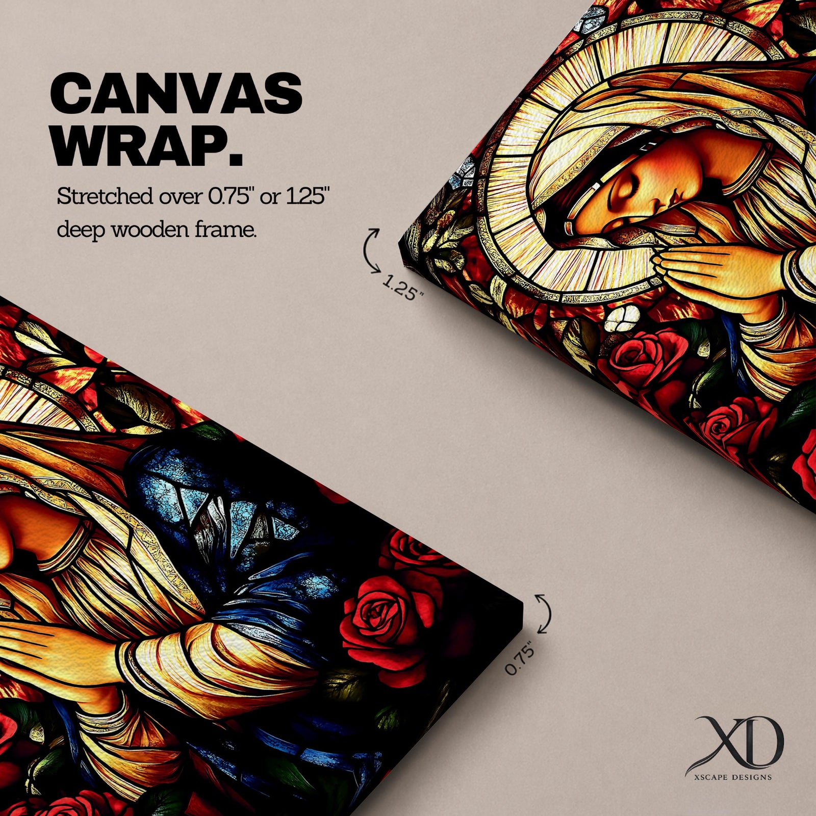 A stained glass style depiction of the Virgin Mary with hands clasped in prayer surrounded by red roses and a radiant halo, rendered in vibrant colors and intricate glass-like textures, evoking a classic religious portrait in a mosaic-inspired visual style.