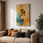 A framed canvas artwork depicting the Holy Family with Mary, Joseph, and baby Jesus in a tender embrace. The painting features warm tones and soft brush strokes, capturing the intimate moment of the Nativity scene with a focus on the figures' expressions and clothing details.