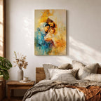 A framed canvas artwork depicting the Holy Family with Mary, Joseph, and baby Jesus in a tender embrace. The painting features warm tones and soft brush strokes, capturing the intimate moment of the Nativity scene with a focus on the figures' expressions and clothing details.