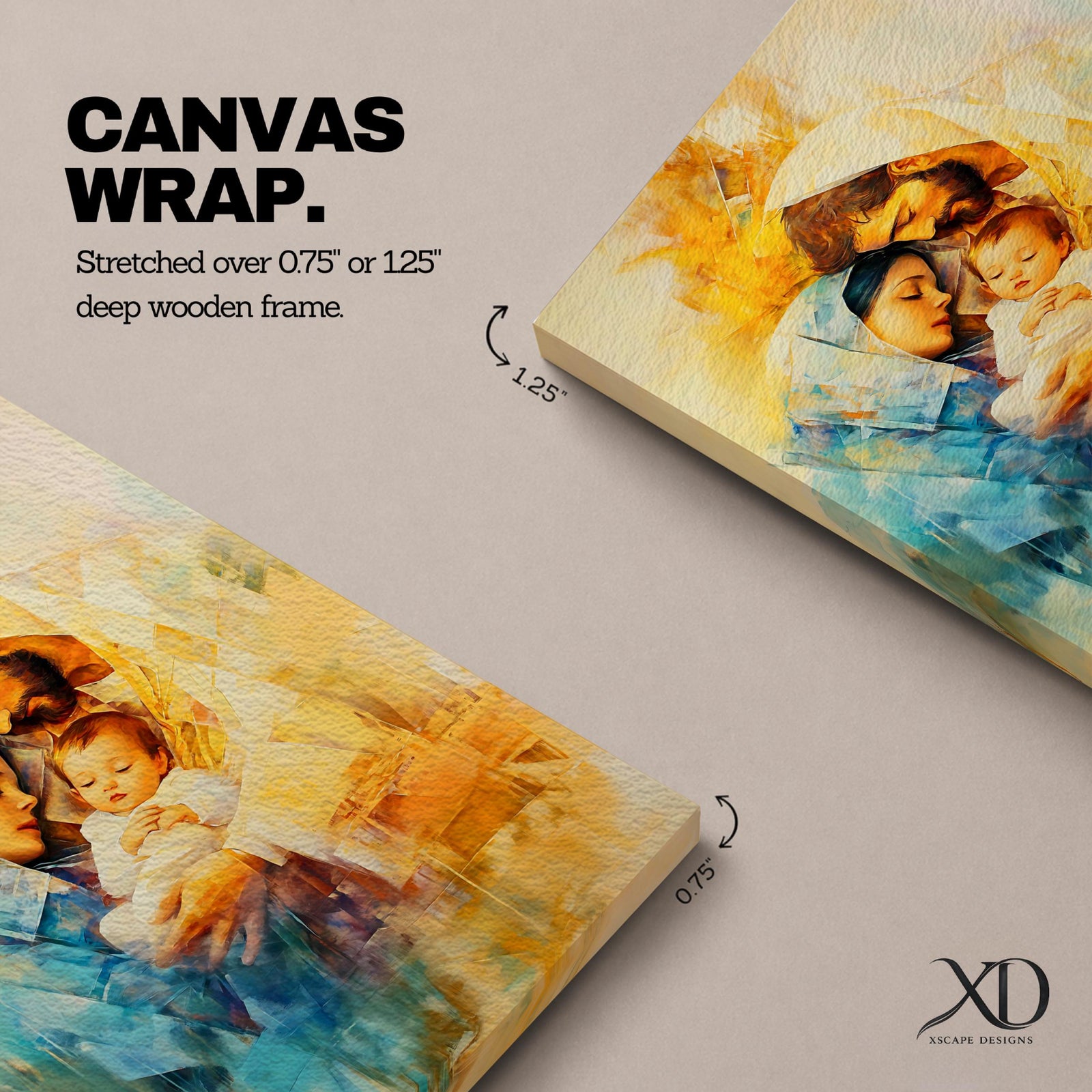 A framed canvas artwork depicting the Holy Family with Mary, Joseph, and baby Jesus in a tender embrace. The painting features warm tones and soft brush strokes, capturing the intimate moment of the Nativity scene with a focus on the figures' expressions and clothing details.