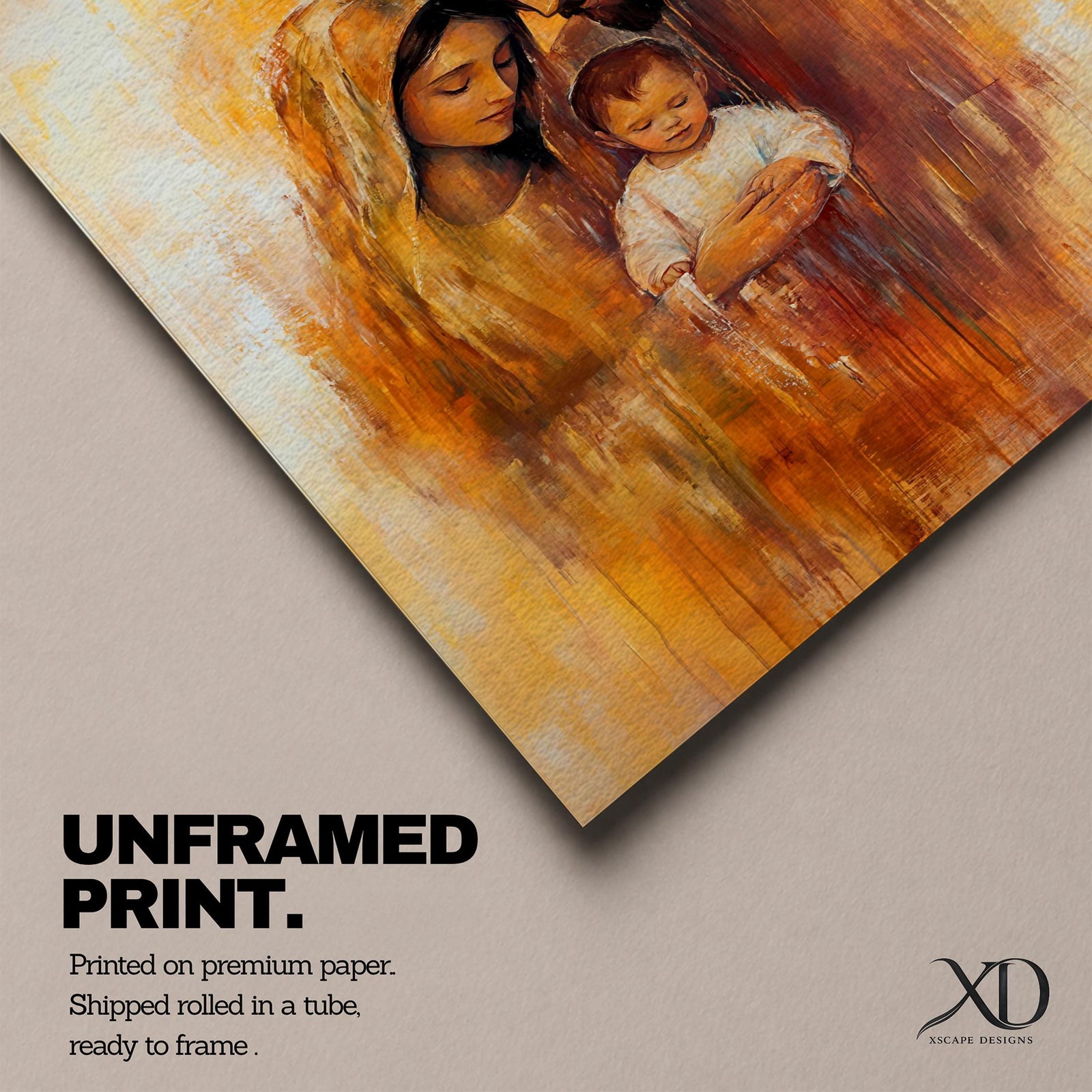 An oil painting depicting the Holy Family with Mary, Joseph, and baby Jesus in a tender pose. The artwork features warm tones and soft brushstrokes, emphasizing the intimate connection between the figures. The composition highlights the Nativity scene with a classic religious style.