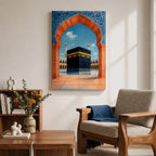 Artwork of the Kaaba at Masjid al-Haram framed by a Moroccan Moorish archway with blue ornamental patterns and warm terracotta tones overlooking the mosque courtyard.