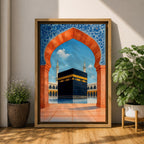 Artwork of the Kaaba at Masjid al-Haram framed by a Moroccan Moorish archway with blue ornamental patterns and warm terracotta tones overlooking the mosque courtyard.