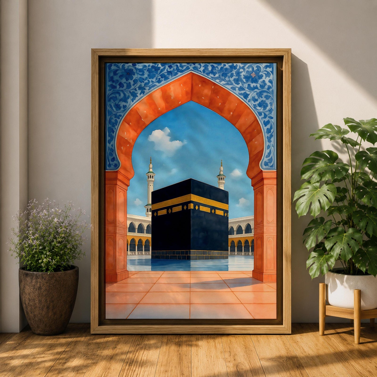 Artwork of the Kaaba at Masjid al-Haram framed by a Moroccan Moorish archway with blue ornamental patterns and warm terracotta tones overlooking the mosque courtyard.