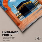 Artwork of the Kaaba at Masjid al-Haram framed by a Moroccan Moorish archway with blue ornamental patterns and warm terracotta tones overlooking the mosque courtyard.