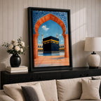 Artwork of the Kaaba at Masjid al-Haram framed by a Moroccan Moorish archway with blue ornamental patterns and warm terracotta tones overlooking the mosque courtyard.