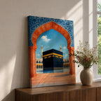 Artwork of the Kaaba at Masjid al-Haram framed by a Moroccan Moorish archway with blue ornamental patterns and warm terracotta tones overlooking the mosque courtyard.