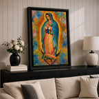 A vibrant framed canvas depicting Our Lady of Guadalupe, showing the Virgin Mary with hands clasped in prayer, wearing a blue mantle adorned with stars and a pink dress, surrounded by radiant golden rays and a colorful abstract background.