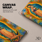 A vibrant framed canvas depicting Our Lady of Guadalupe, showing the Virgin Mary with hands clasped in prayer, wearing a blue mantle adorned with stars and a pink dress, surrounded by radiant golden rays and a colorful abstract background.