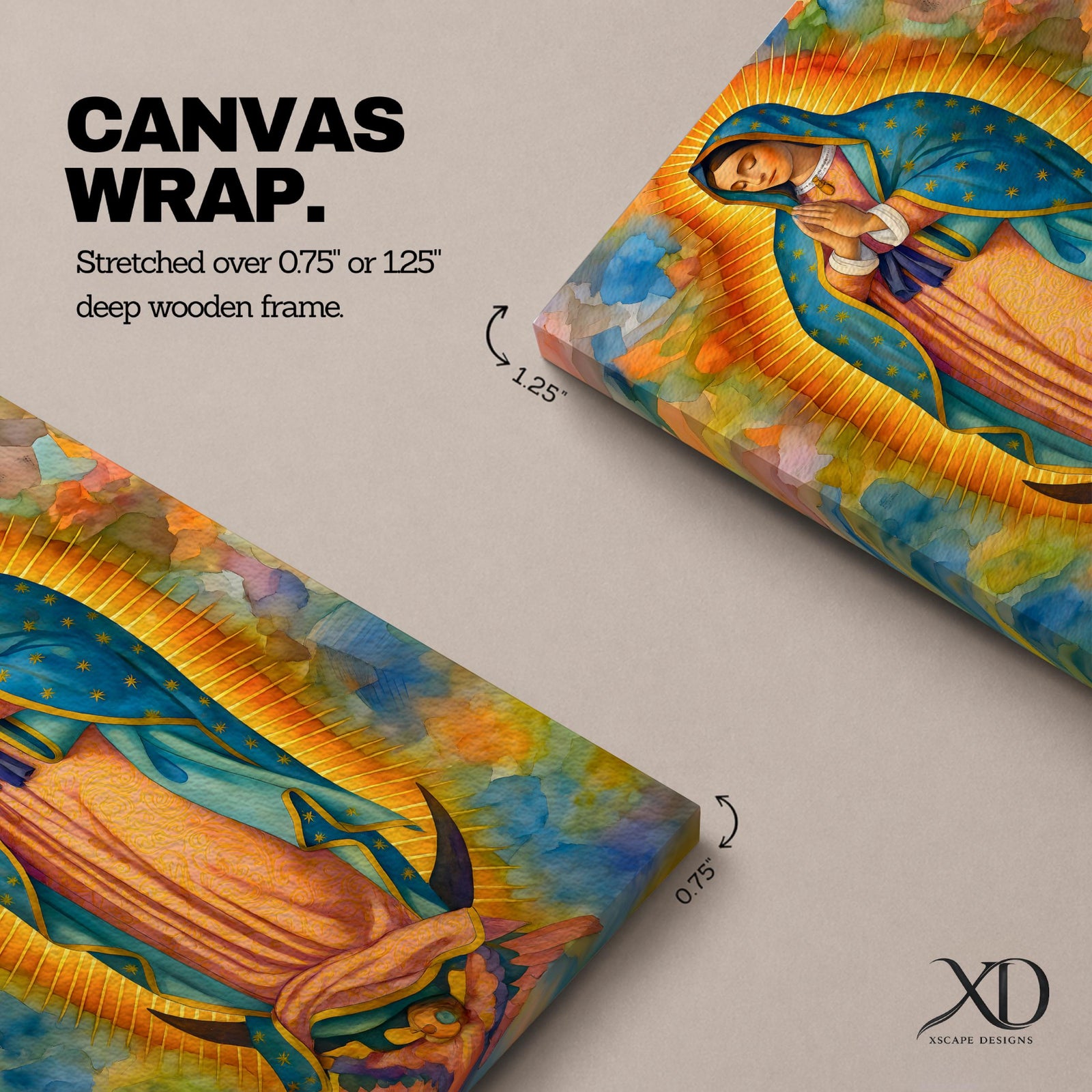 A vibrant framed canvas depicting Our Lady of Guadalupe, showing the Virgin Mary with hands clasped in prayer, wearing a blue mantle adorned with stars and a pink dress, surrounded by radiant golden rays and a colorful abstract background.