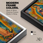 A vibrant framed canvas depicting Our Lady of Guadalupe, showing the Virgin Mary with hands clasped in prayer, wearing a blue mantle adorned with stars and a pink dress, surrounded by radiant golden rays and a colorful abstract background.