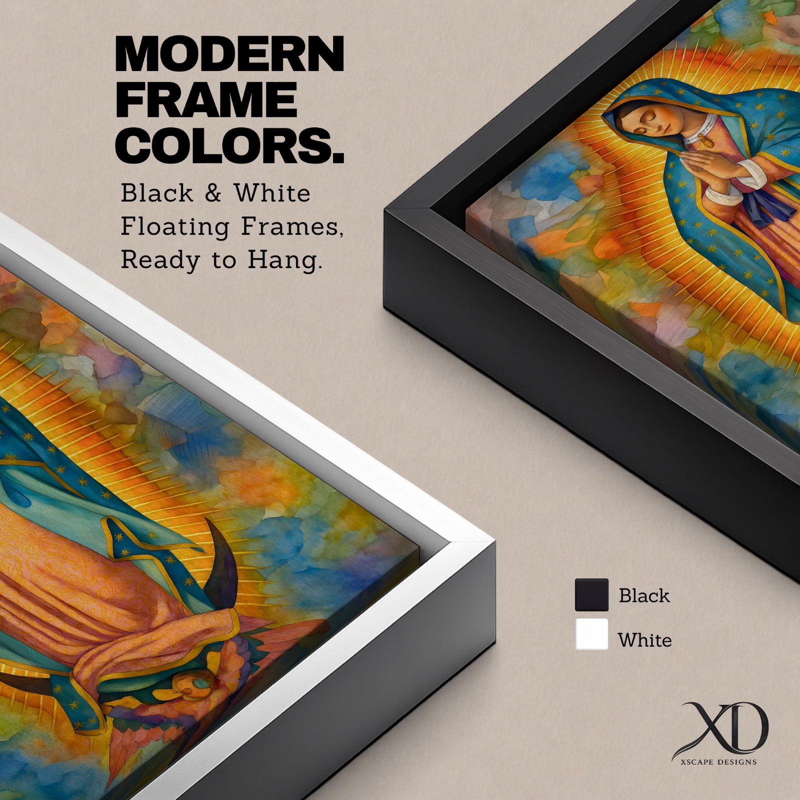 A vibrant framed canvas depicting Our Lady of Guadalupe, showing the Virgin Mary with hands clasped in prayer, wearing a blue mantle adorned with stars and a pink dress, surrounded by radiant golden rays and a colorful abstract background.