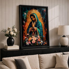 A vibrant framed canvas painting of Our Lady of Guadalupe depicts the Virgin of Guadalupe with hands clasped in prayer, wearing a teal mantle adorned with gold stars and surrounded by radiant light. The foreground features a colorful array of flowers, emphasizing the Catholic religious theme.