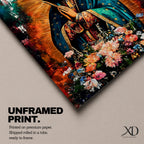 A vibrant framed canvas painting of Our Lady of Guadalupe depicts the Virgin of Guadalupe with hands clasped in prayer, wearing a teal mantle adorned with gold stars and surrounded by radiant light. The foreground features a colorful array of flowers, emphasizing the Catholic religious theme.